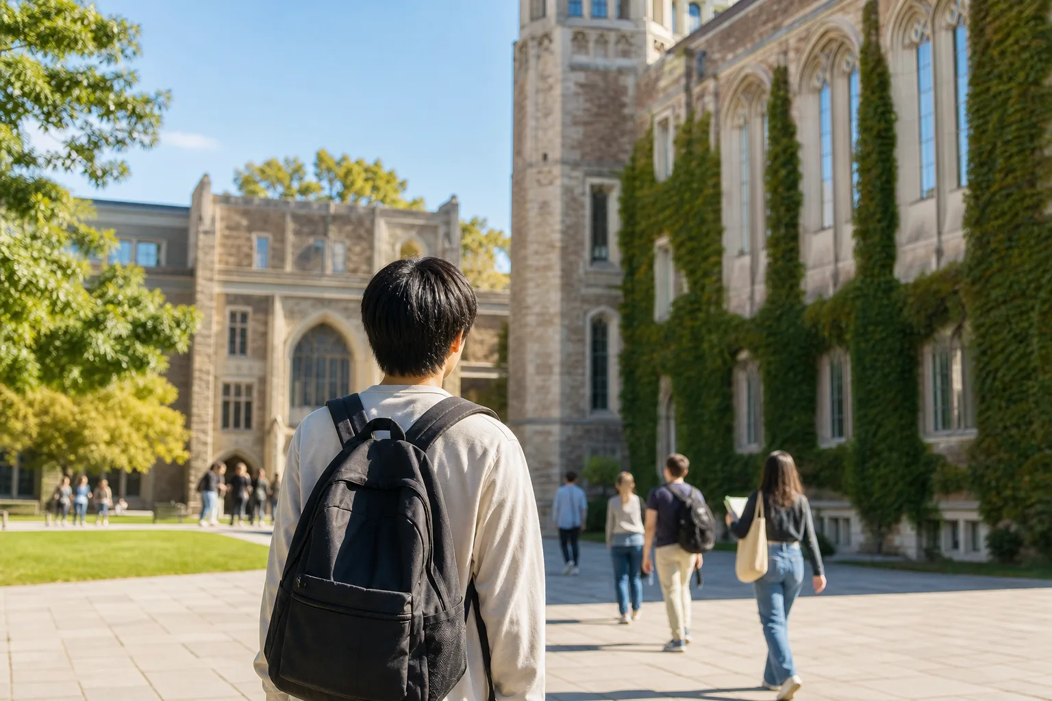 海外大学のキャンパスと進学準備をする高校生のイメージ